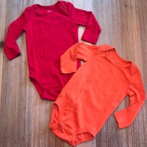 Primary red & orange long sleeved onesies, 9-12 mo